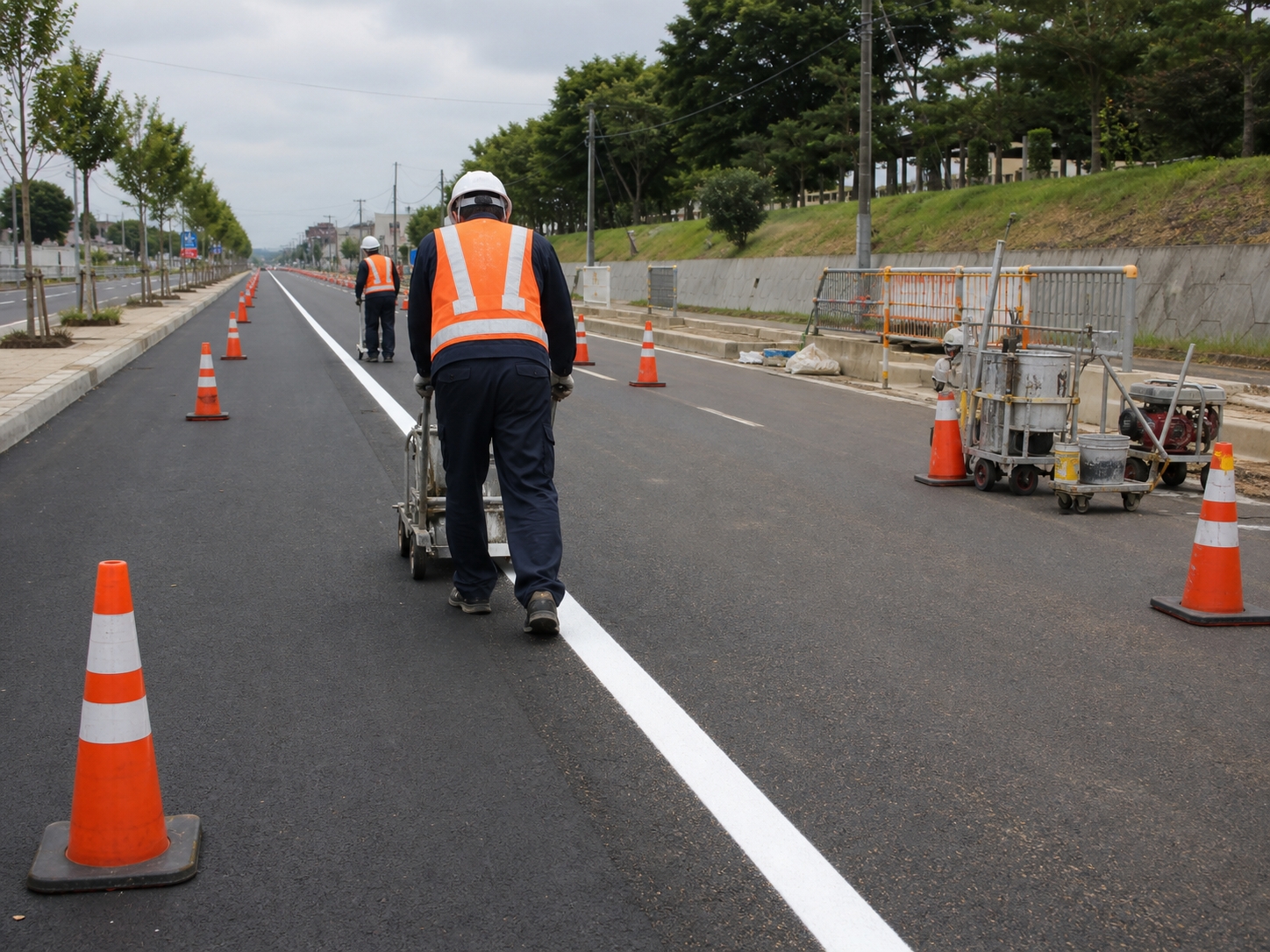 道路に白い区画線を引く交通安全施設工事の様子