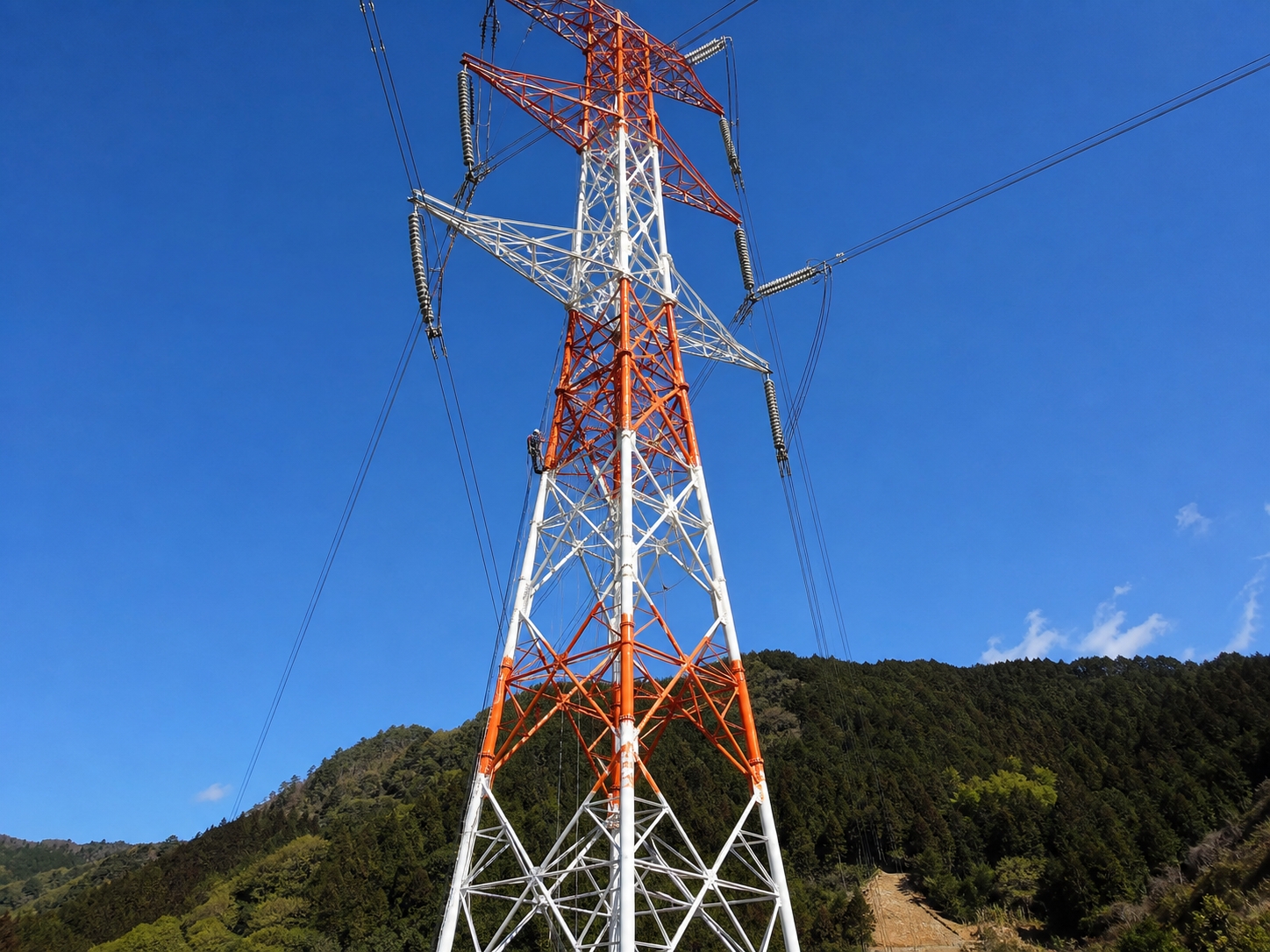 赤と白に塗り分けられた送電鉄塔と高所作業員