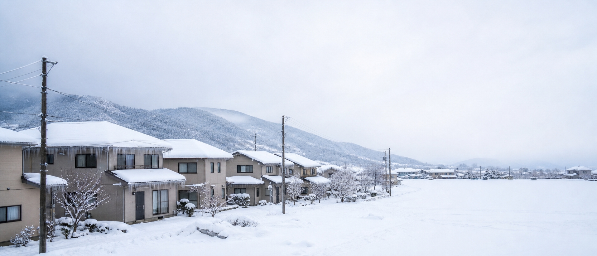 雪が積もった住宅街の屋根と、雪をかぶった遠くの山並み